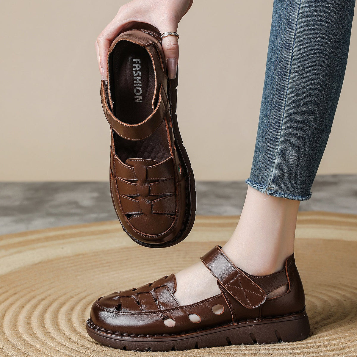 Spring Retro Leather Cut Out One Straped Velcro Soft Sole Flats