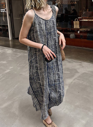Vintage Women Round Neck Ramie Striped Slimming Slip Dress