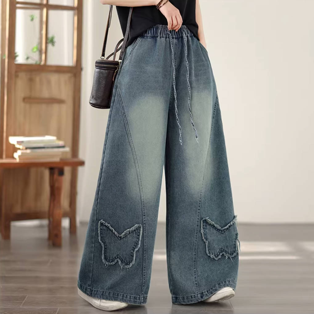 Retro Versatile Elegant Denim Butterflies Elastic Waist Loose Jeans