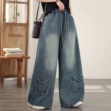 Retro Versatile Elegant Denim Butterflies Elastic Waist Loose Jeans