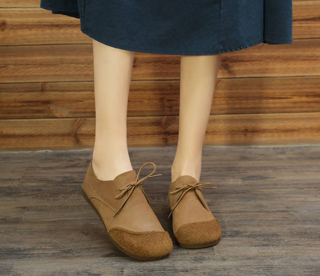 Vintage Genuine Leather Round Toe Casual Lace-Up Soft Flat