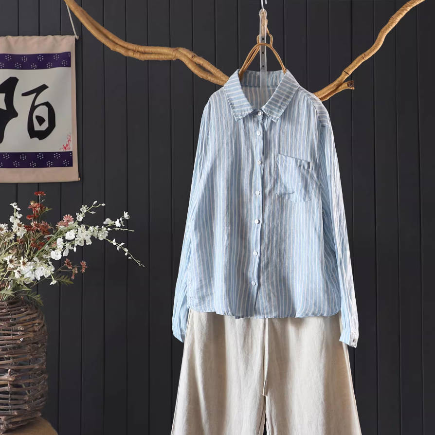Spring Linen Thin Soft Striped Slim Lapel Single-Breasted Shirt