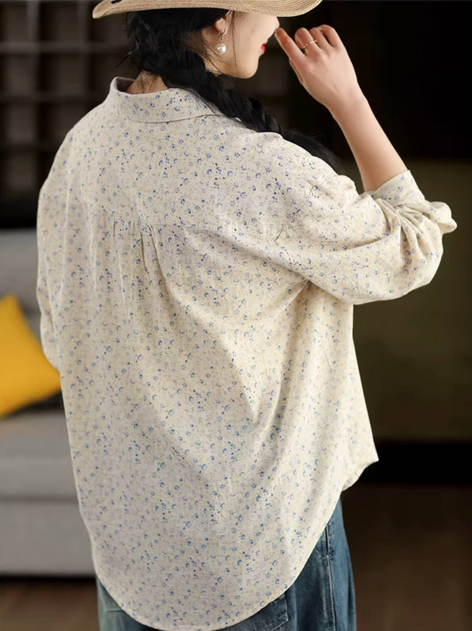 Spring Retro Linen Cute Floral Printed Loose Long Sleeves Shirt