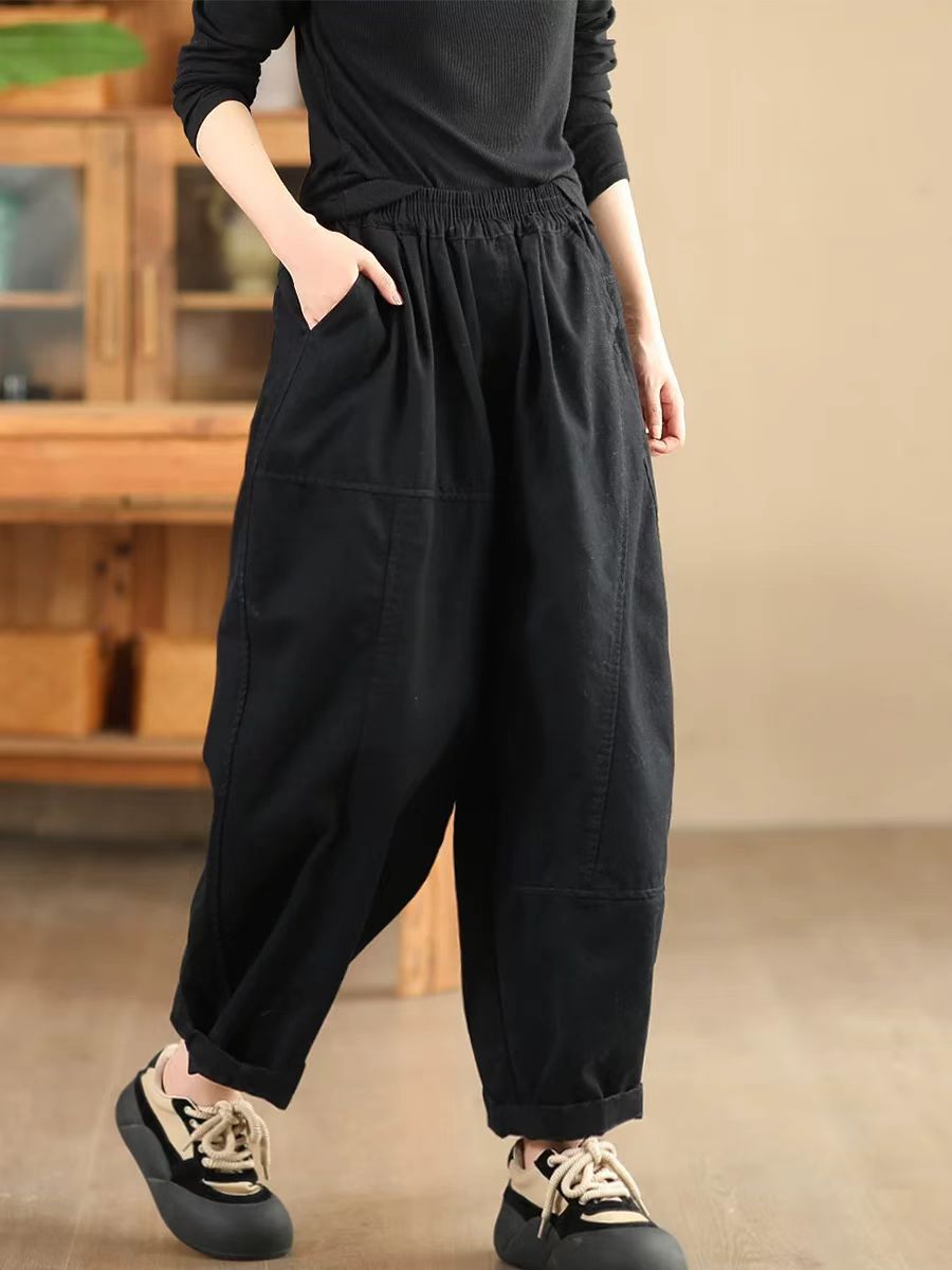 Solid Color Cotton Retro Casual Elastic Waist Harem Pants