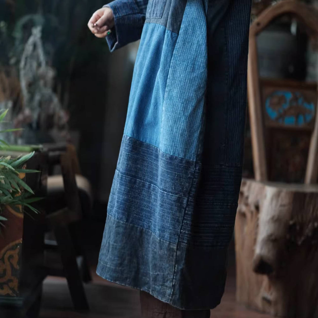 Spring Retro Cotton Patchwork Round Neck Long Sleeves Dress