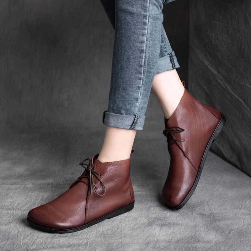 Retro Leather Soft Flat Sole Lace-Up Everyday Ankle Boots