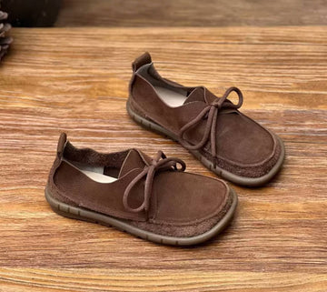 Retro Genuine Leather Round Toe Lace-Up Soft Sole Flat