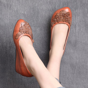 Spring Leather Leaves Round Toe Platform Slip-On Shoes
