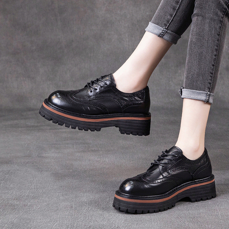 Retro Top Leather Round Toe Thick Sole Platform Flat Shoes