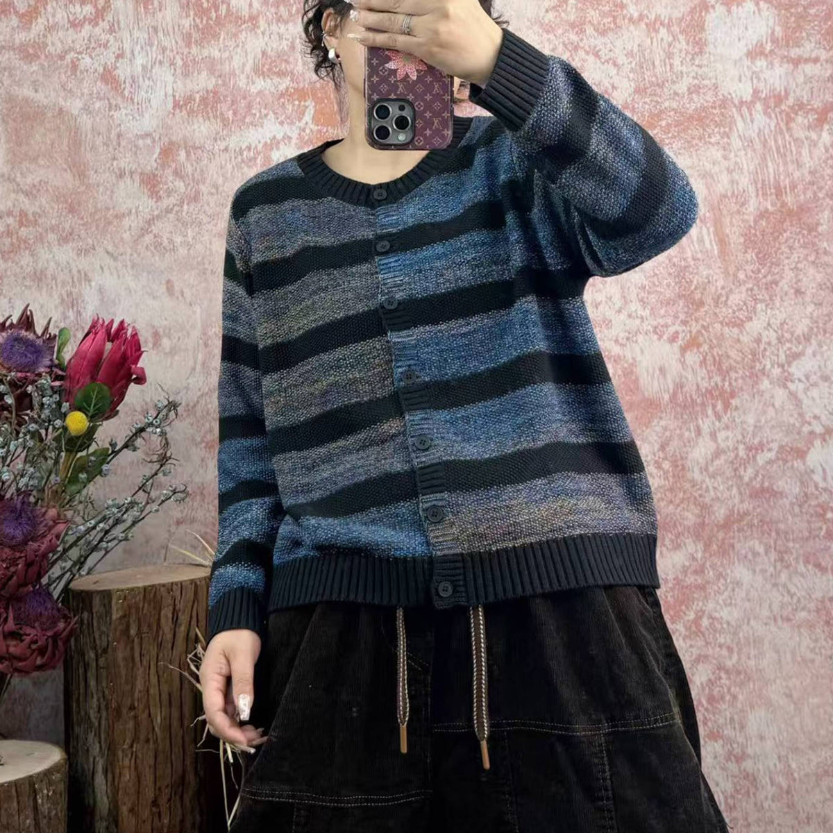 Cotton Patchwork Round Neck Striped Casual Long Sleeves Cardigan