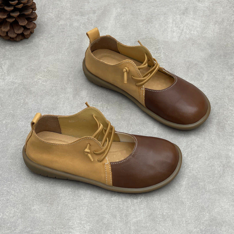 Summer Leather Patchwork Round Toe Lace Up Soft Flat Sole Sandals