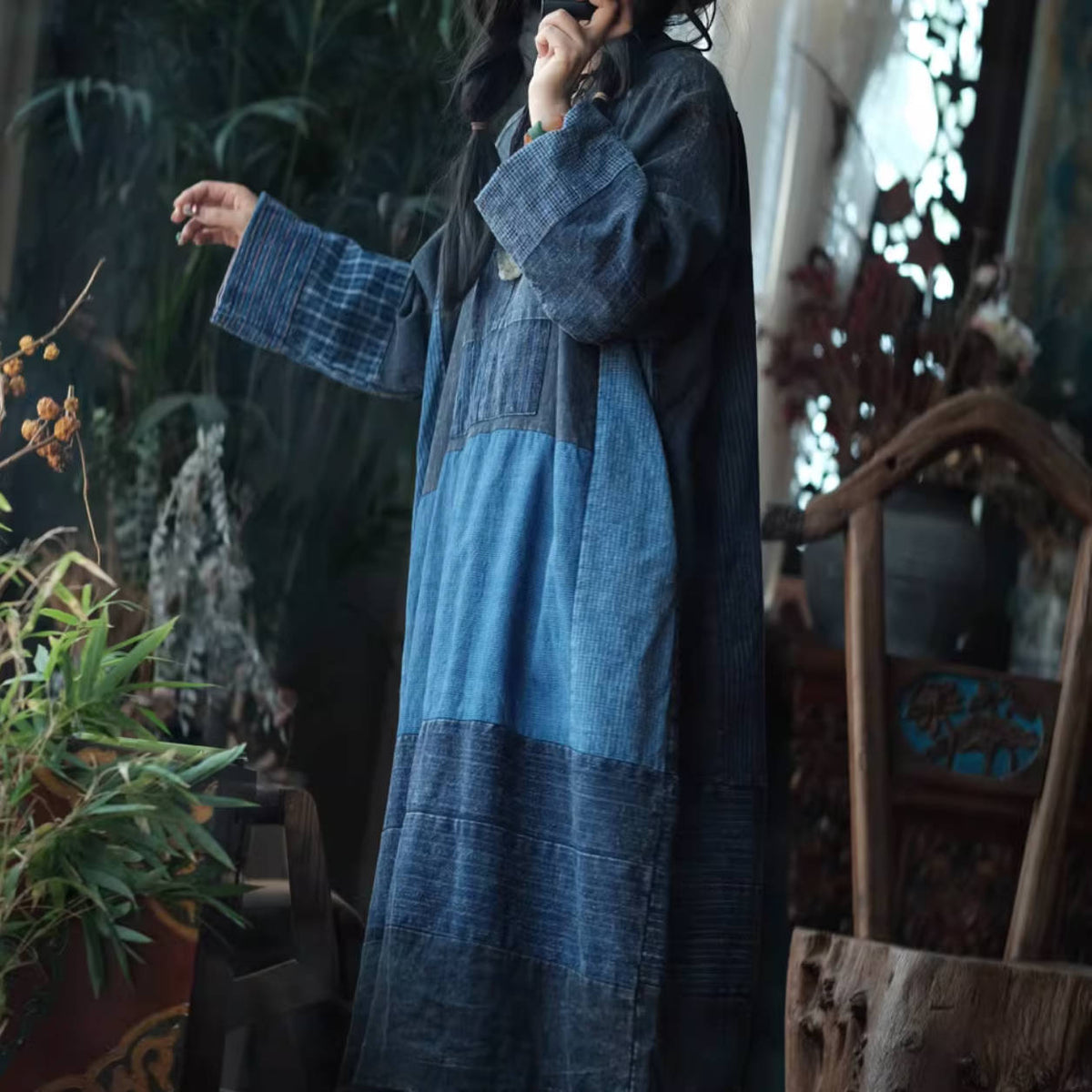 Spring Retro Cotton Patchwork Round Neck Long Sleeves Dress
