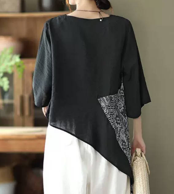 Spring Bohemian Linen Loose Patchwork Round Neck Top
