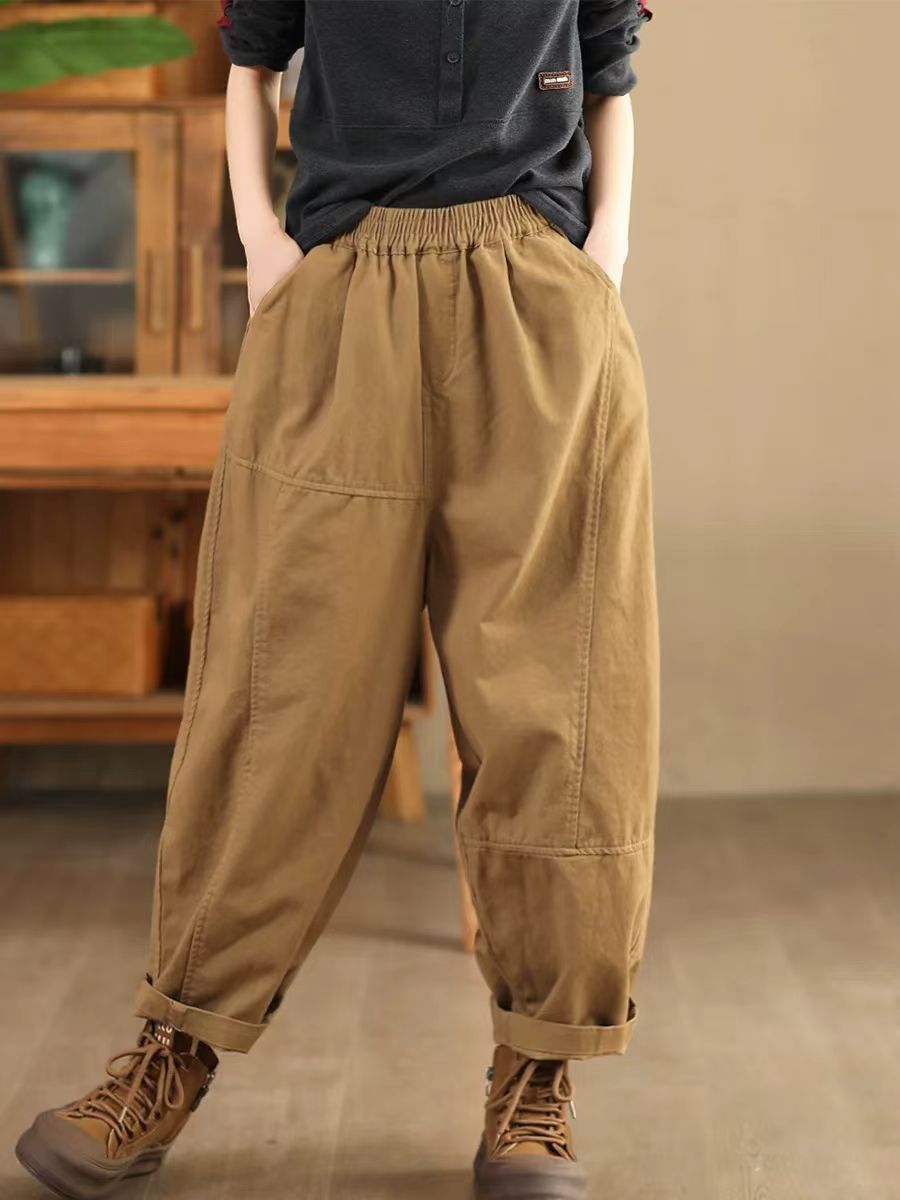 Solid Color Cotton Retro Casual Elastic Waist Harem Pants