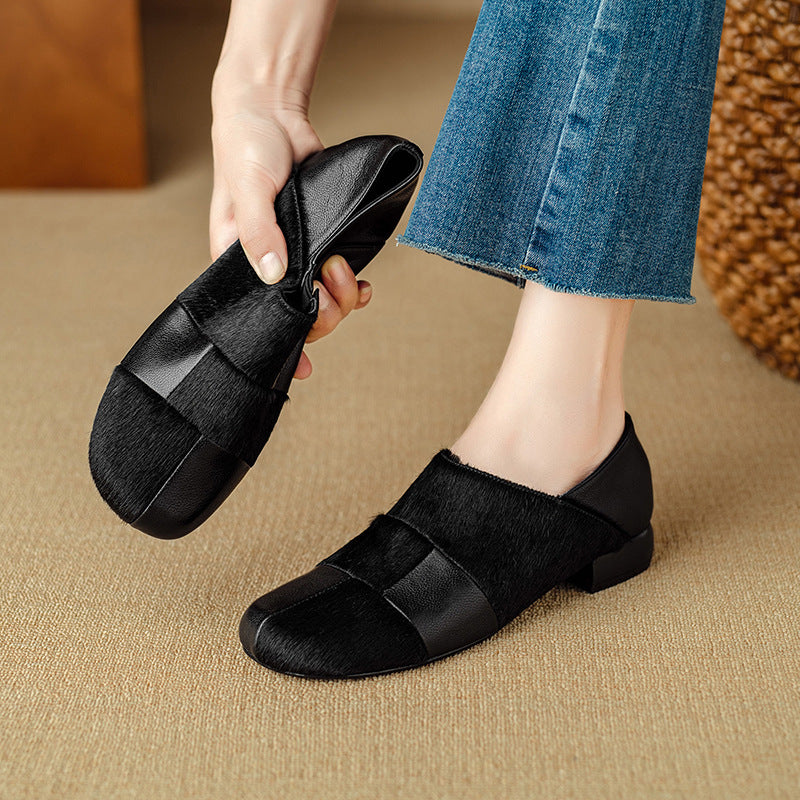 Retro Sheepskin Leather Patchwork Horsehair Chunky Plus Size Slip-Ons