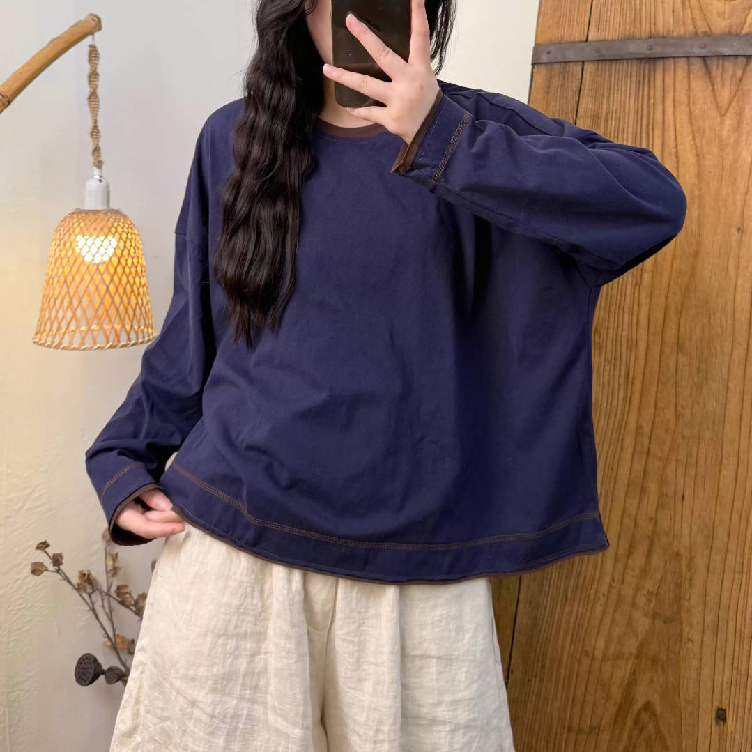 Spring Cotton Knitted Patchwork Round Neck Loose Versatile Tops