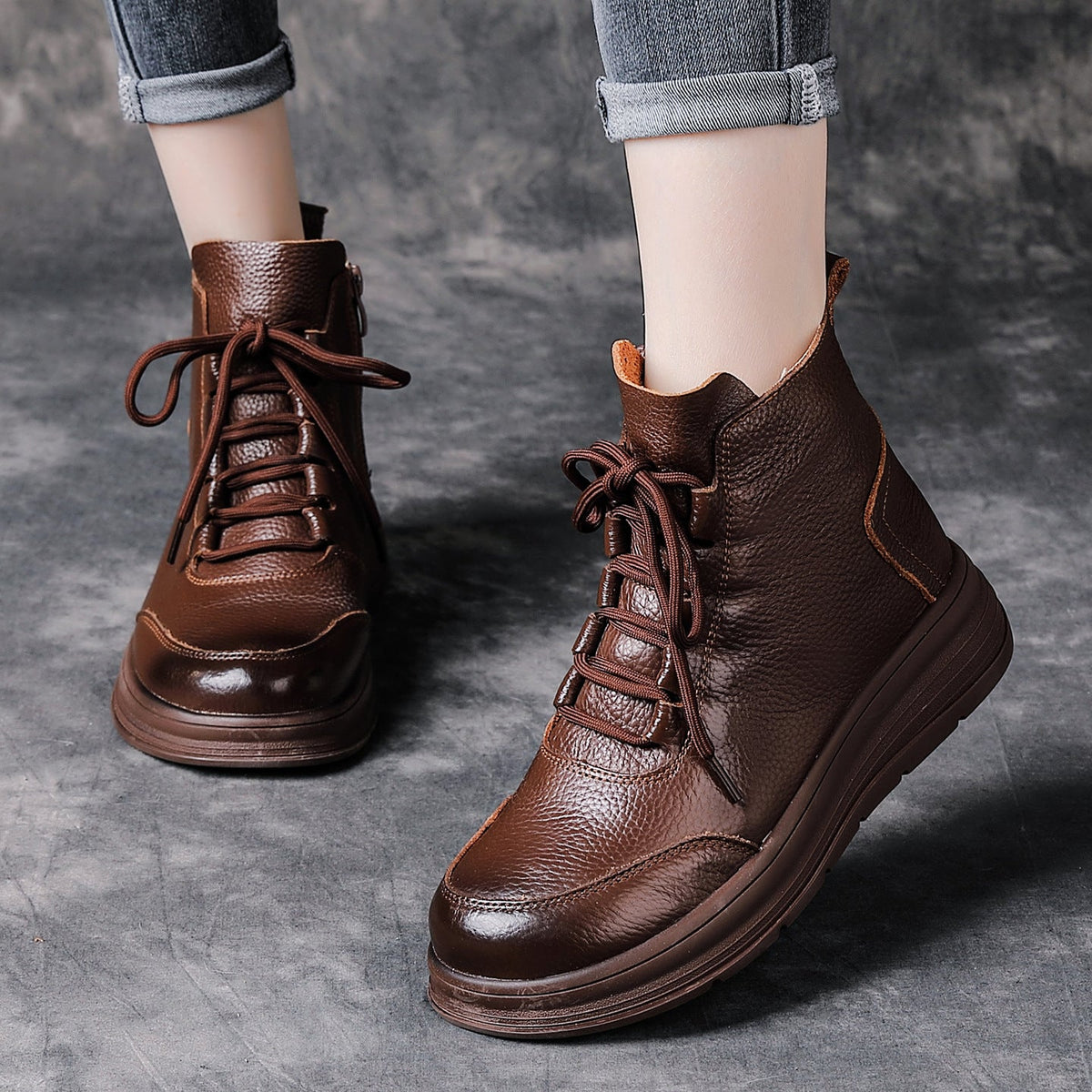 Casual Leather Thick Soft Sole Lace-Up Versatile Ankle Boots