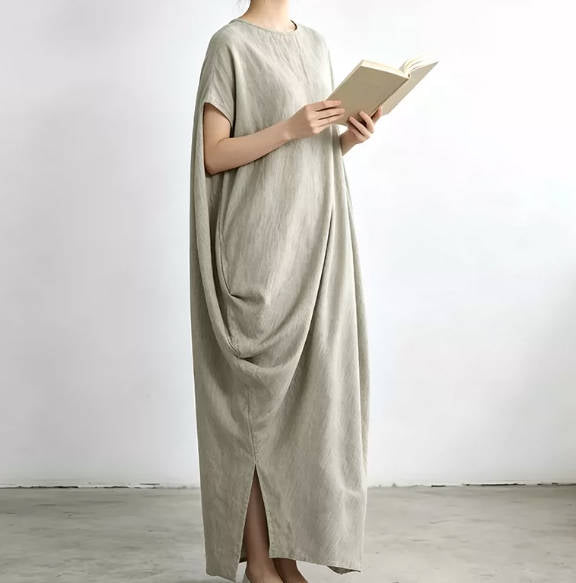 Vintage Irregular Linen Maxi Round Neck Batwing Sleevee Dress