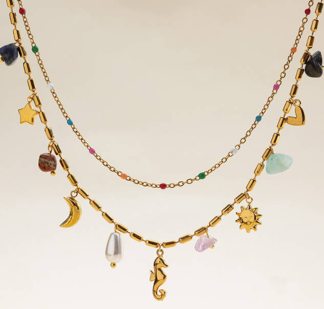 Vintage Women Pearl Sea Horse Titanium Steel Layered Necklace