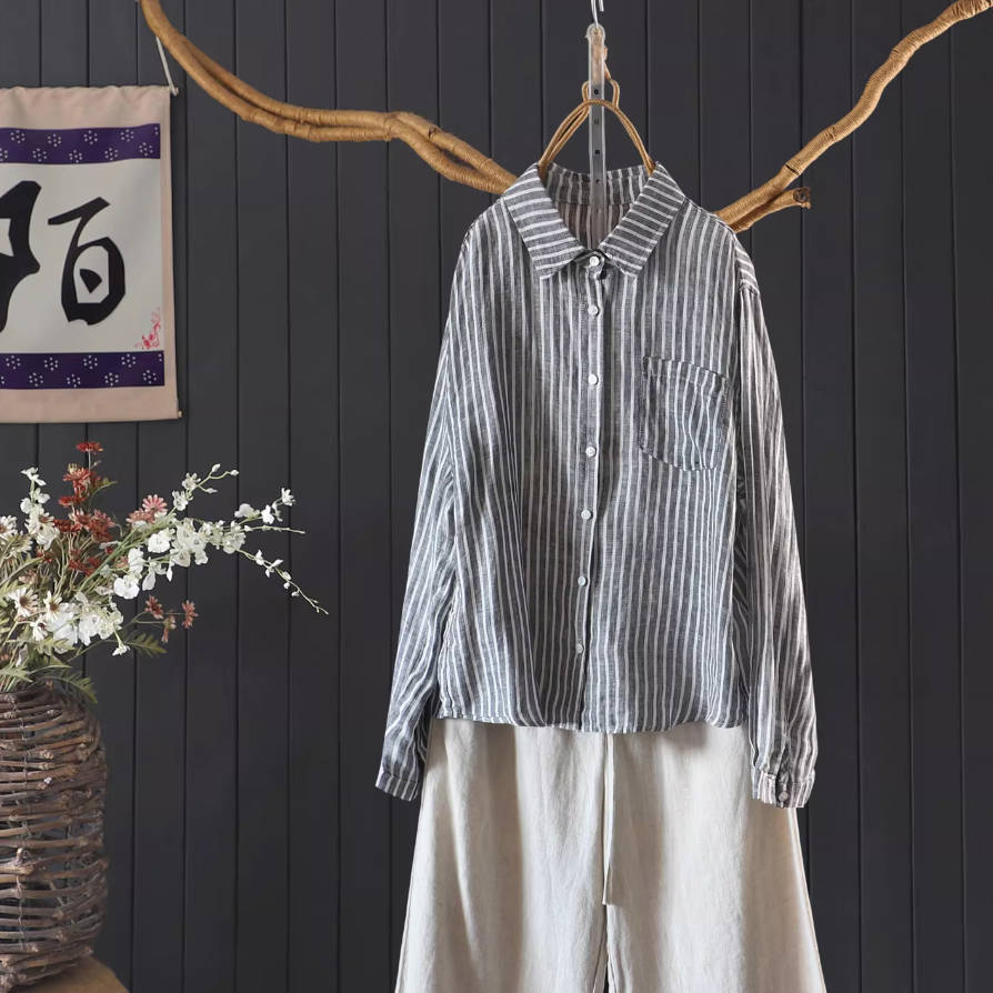 Spring Linen Thin Soft Striped Slim Lapel Single-Breasted Shirt
