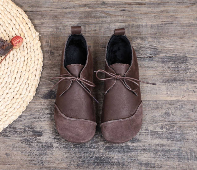 Vintage Genuine Leather Round Toe Casual Lace-Up Soft Flat