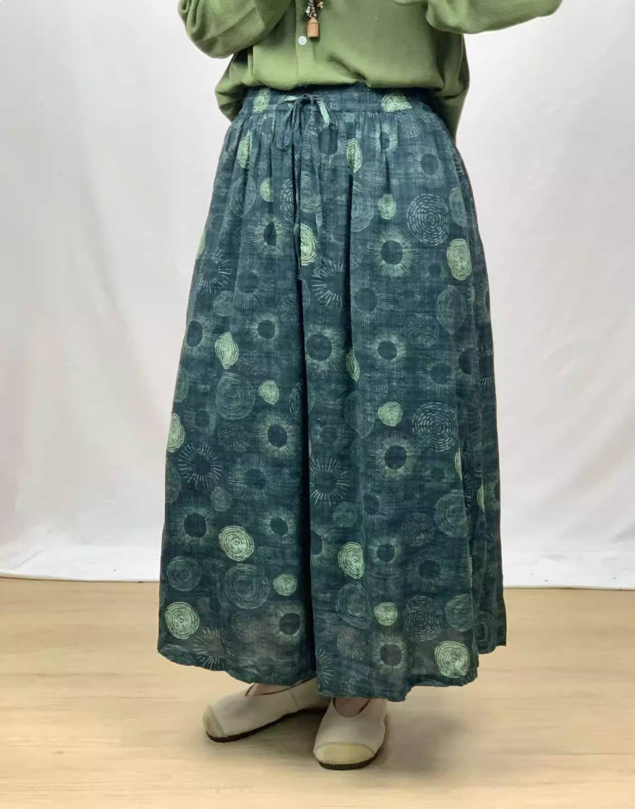 Spring Retro Ramie Printed Elastic Waist Lace-Up Thin A-Line Skirt