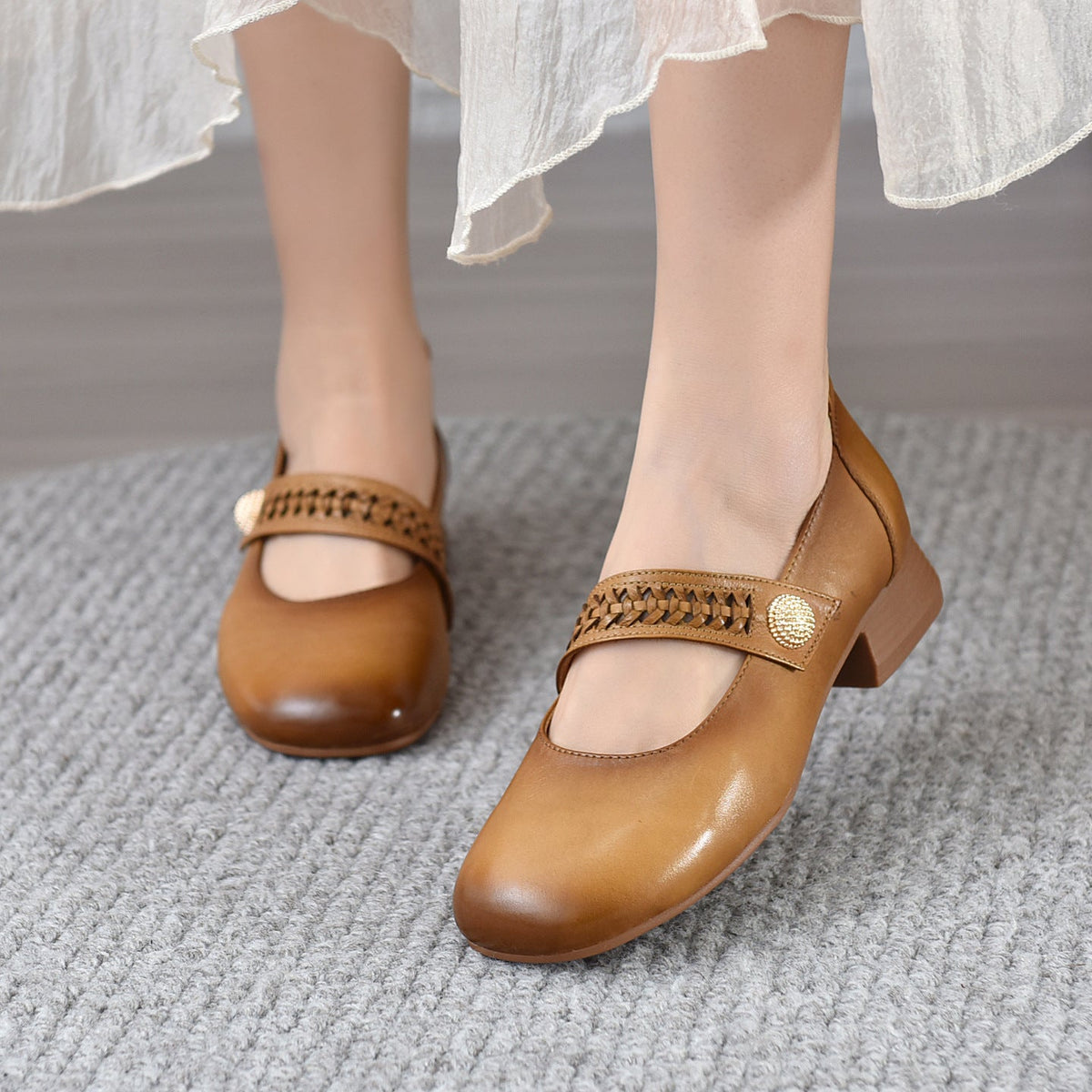 Spring Leather Elegant Round Toe One Straped Velcro Chunky Shoes
