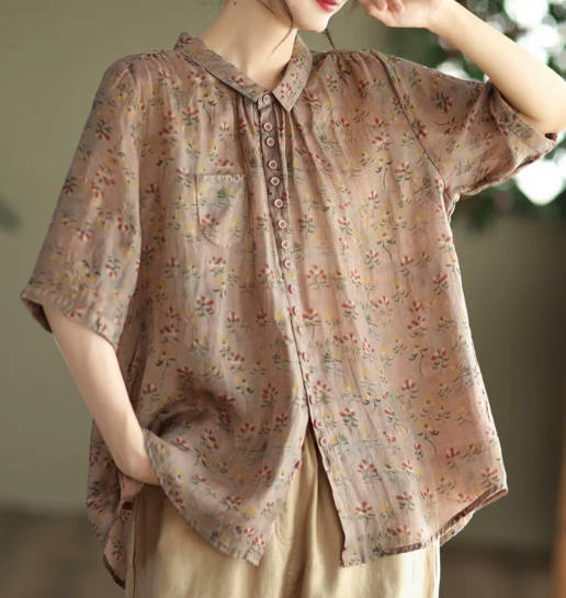 Vintage Tencel Ramie Lightweight  Floral Cotton Linen Short-Sleeve Shirt