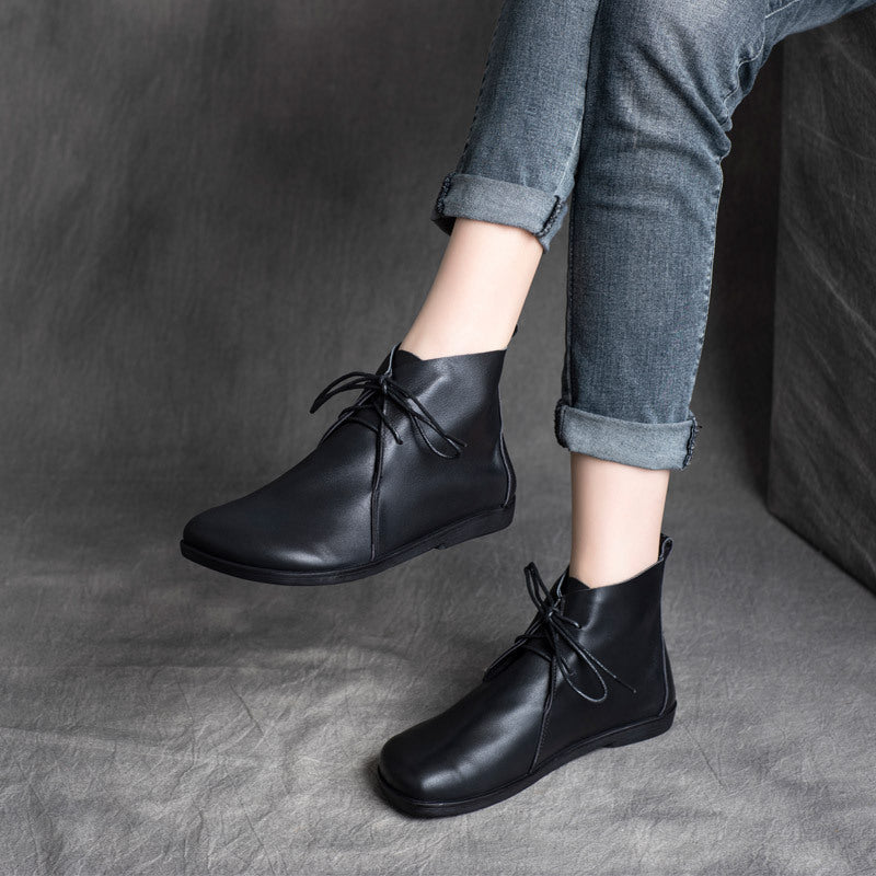 Retro Leather Soft Flat Sole Lace-Up Everyday Ankle Boots