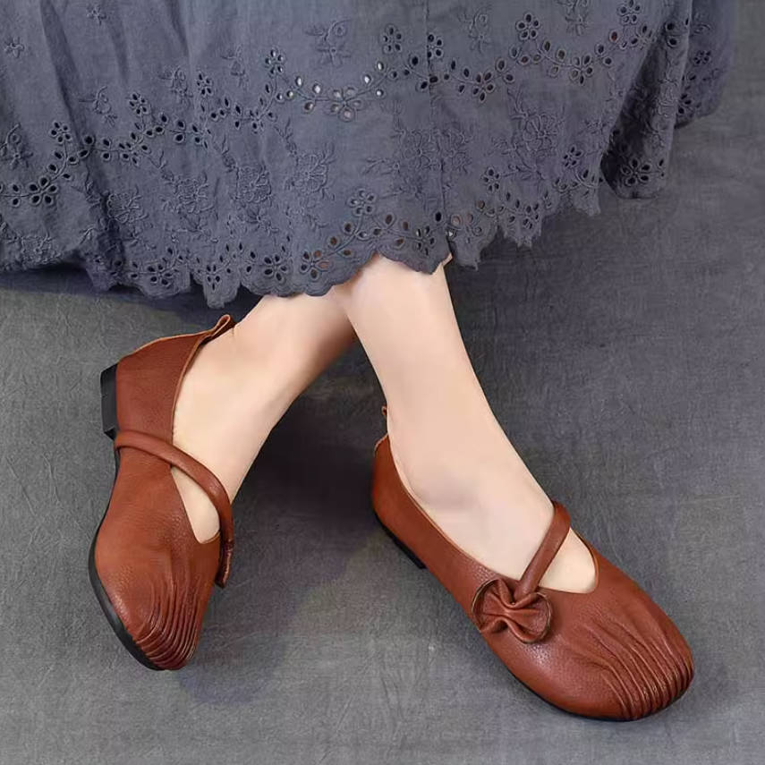 Spring Leather One Straped Bow Shallow Slip-On Soft Sole Flats