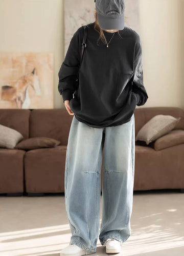 Casual Cotton Solid Color Round Neck Curling-Up Loose Tops
