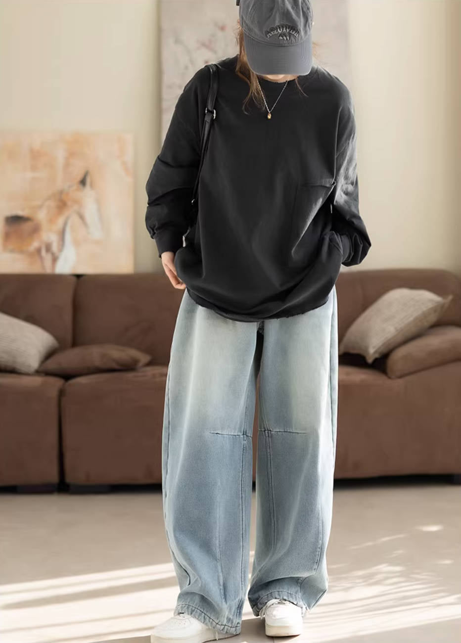 Casual Cotton Solid Color Round Neck Curling-Up Loose Tops