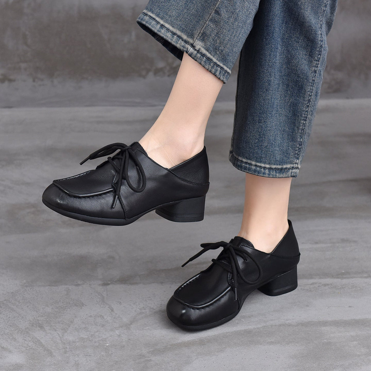 Spring Leather Elegant Low Heels Lace-Up Casual Soft Sole Shoes