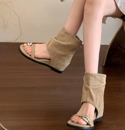 Retro Insole Height Leather Metal Buckle Open-Toe Roman Sandals Ankle Boots