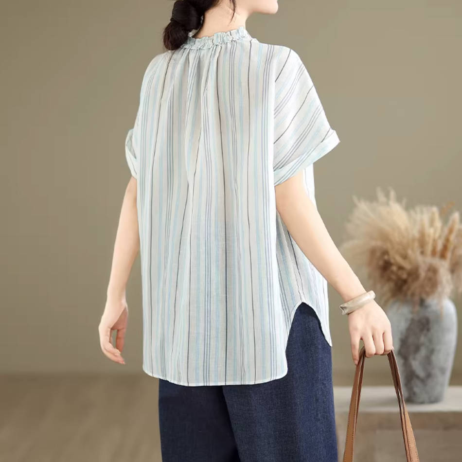 Stylish Linen Ruffled V-Neck Striped Blue Slim Thin Tops
