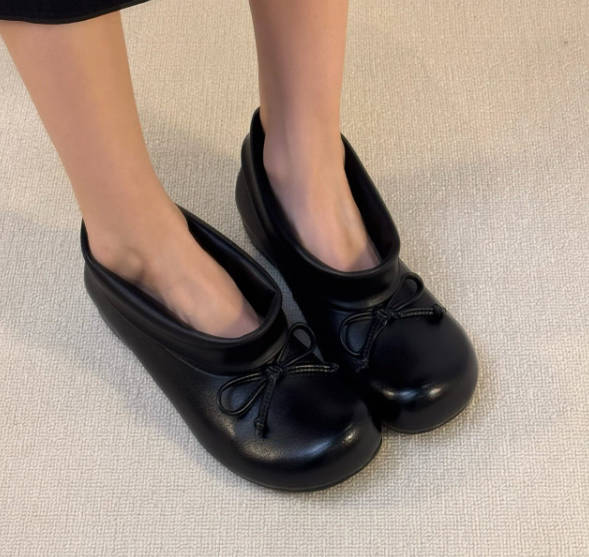 Women Vintage Round Toe Soft Leather Bowknot Hidden Wedge Slip-on Shoes