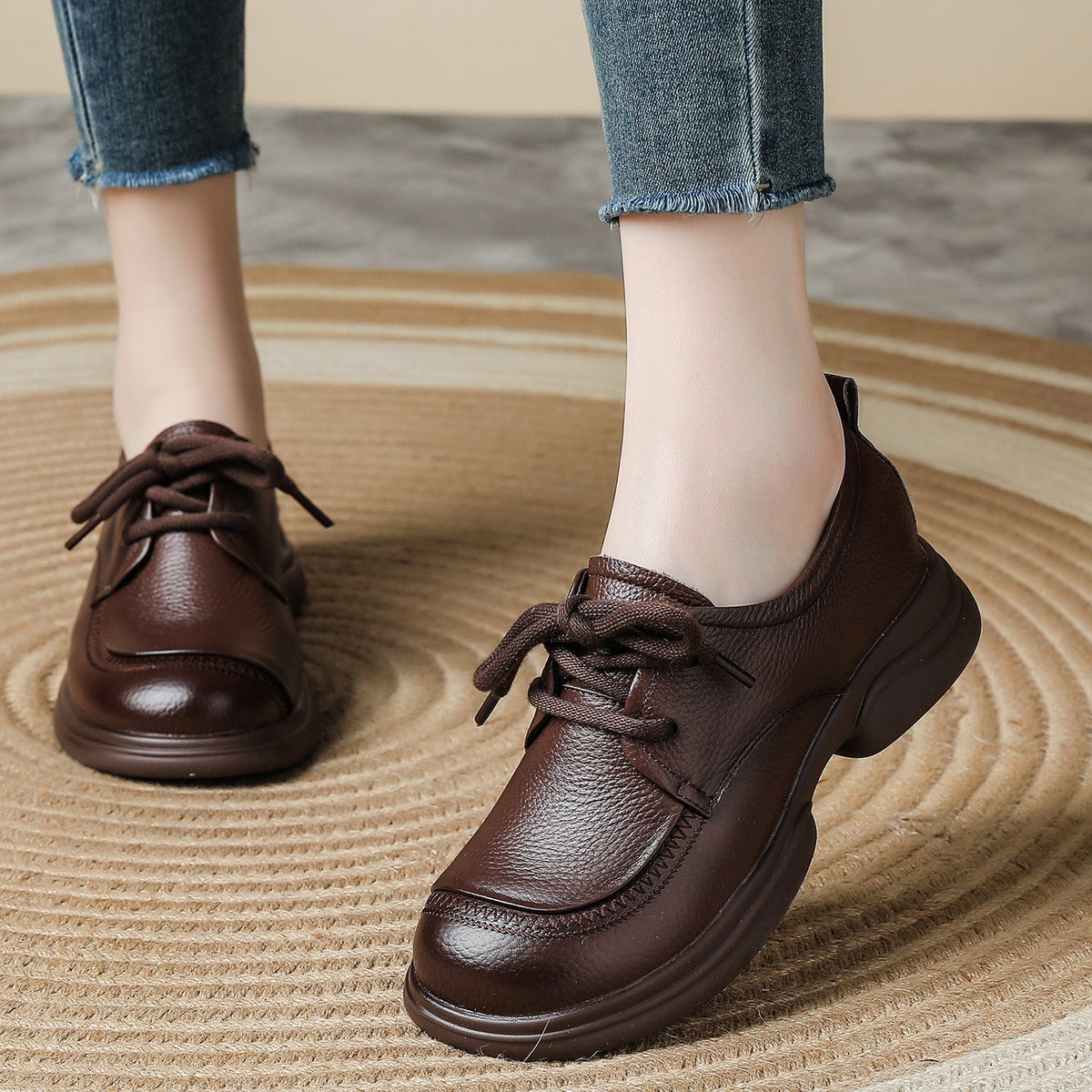 Retro Spring Leather Round Toe Soft Thick Sole Lace-Up Casual Shoes