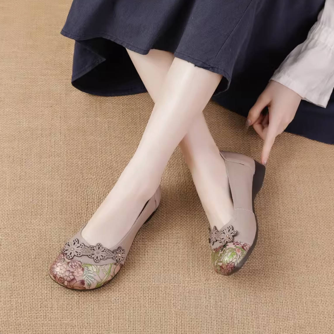 Spring Leather Floral Printed Patchwork Elegant Casual Slip-Ons
