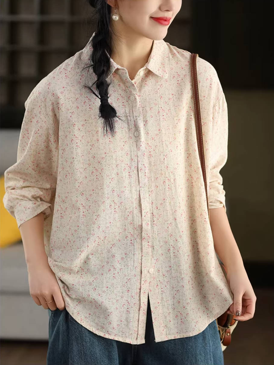 Spring Retro Linen Cute Floral Printed Loose Long Sleeves Shirt