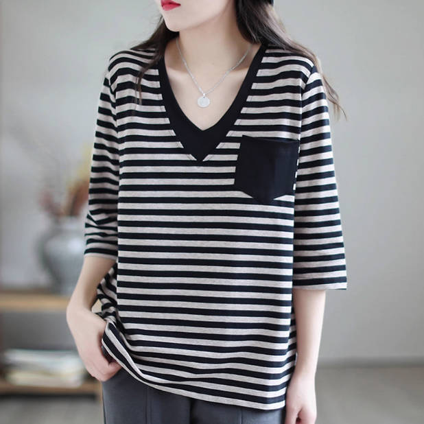 100% Cotton V-Neck Striped Pocket 3/4 Sleeves Pullovers