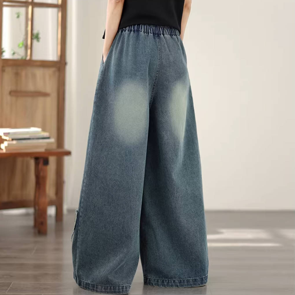 Retro Versatile Elegant Denim Butterflies Elastic Waist Loose Jeans