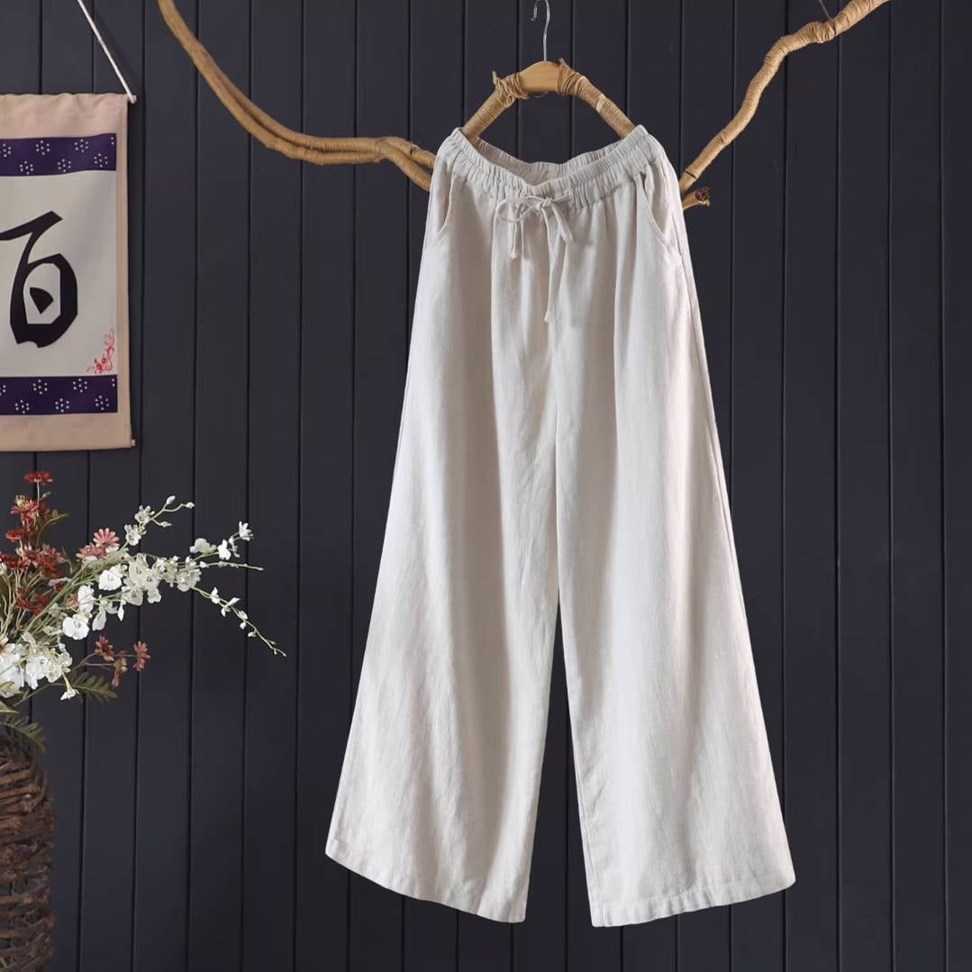 Spring Ramie Cotton Solid Color Elastic Waist Casual Loose Soft Pants