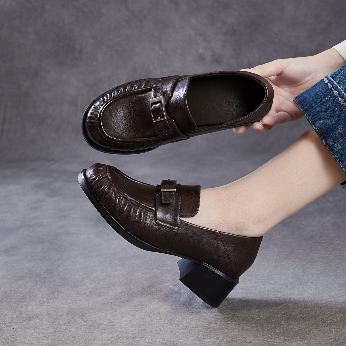 Vintage Leather Elegant Chunky One Straped Low Heel Loafers