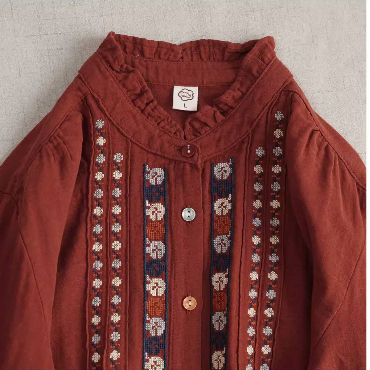 Retro Spring Cotton Embroidered Ruffled Neck Loose Casual Shirt