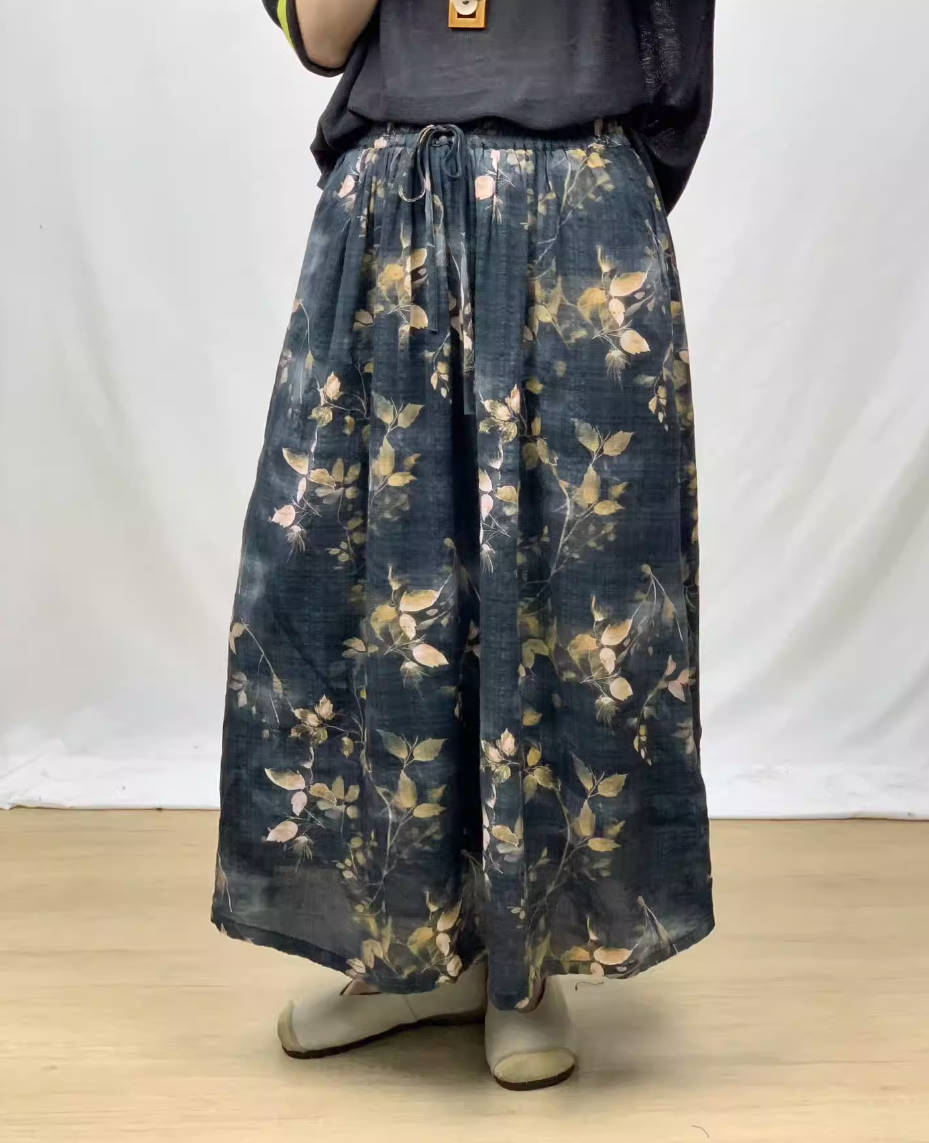 Spring Retro Ramie Printed Elastic Waist Lace-Up Thin A-Line Skirt