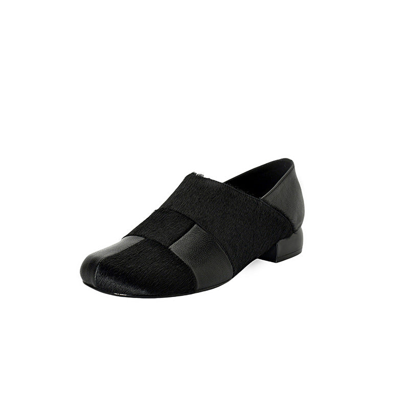 Retro Sheepskin Leather Patchwork Horsehair Chunky Plus Size Slip-Ons