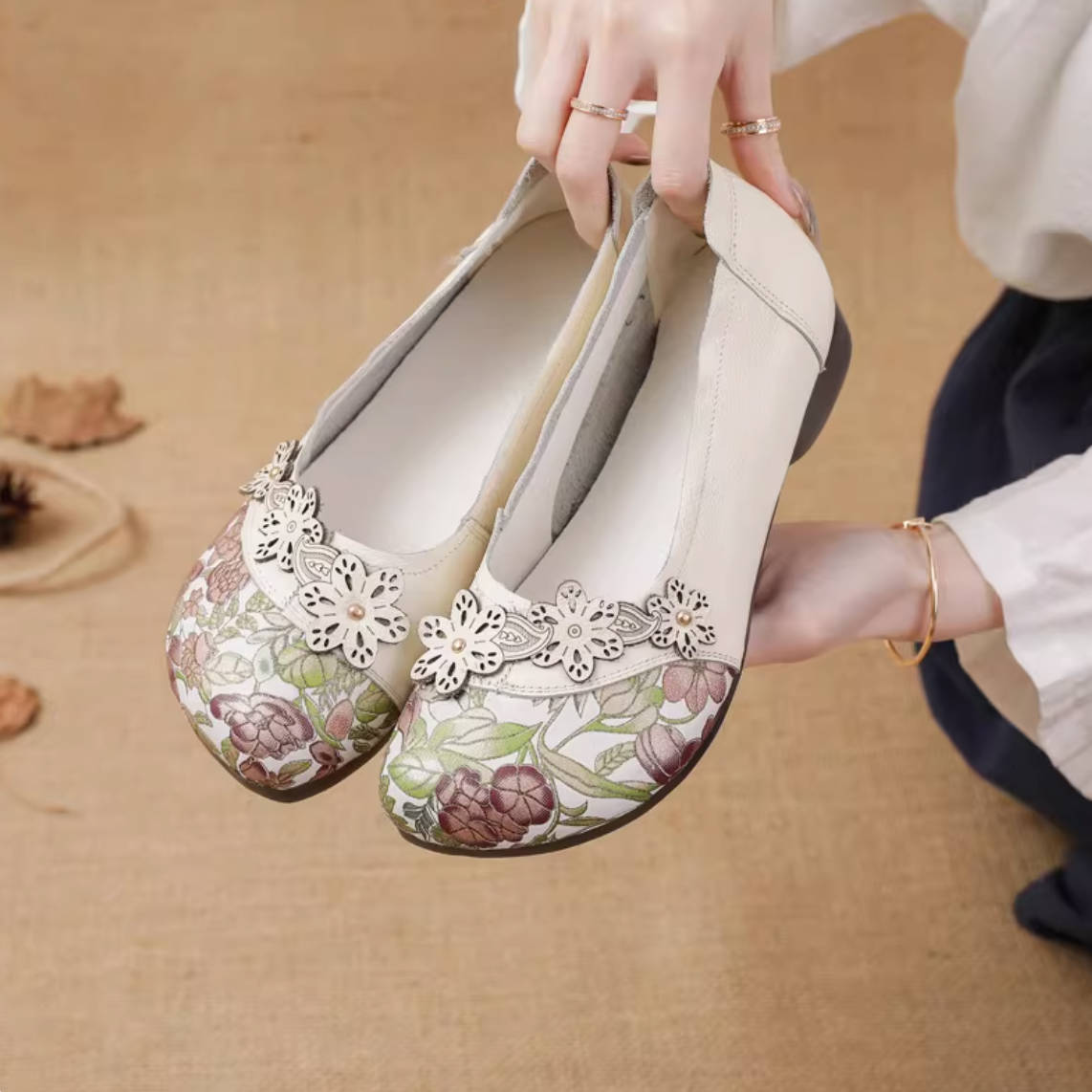 Spring Leather Floral Printed Patchwork Elegant Casual Slip-Ons