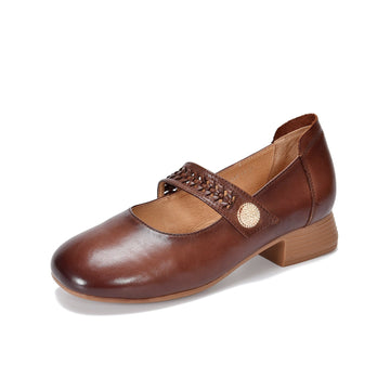 Spring Leather Elegant Round Toe One Straped Velcro Chunky Shoes