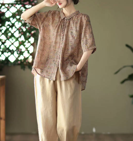 Vintage Tencel Ramie Lightweight  Floral Cotton Linen Short-Sleeve Shirt