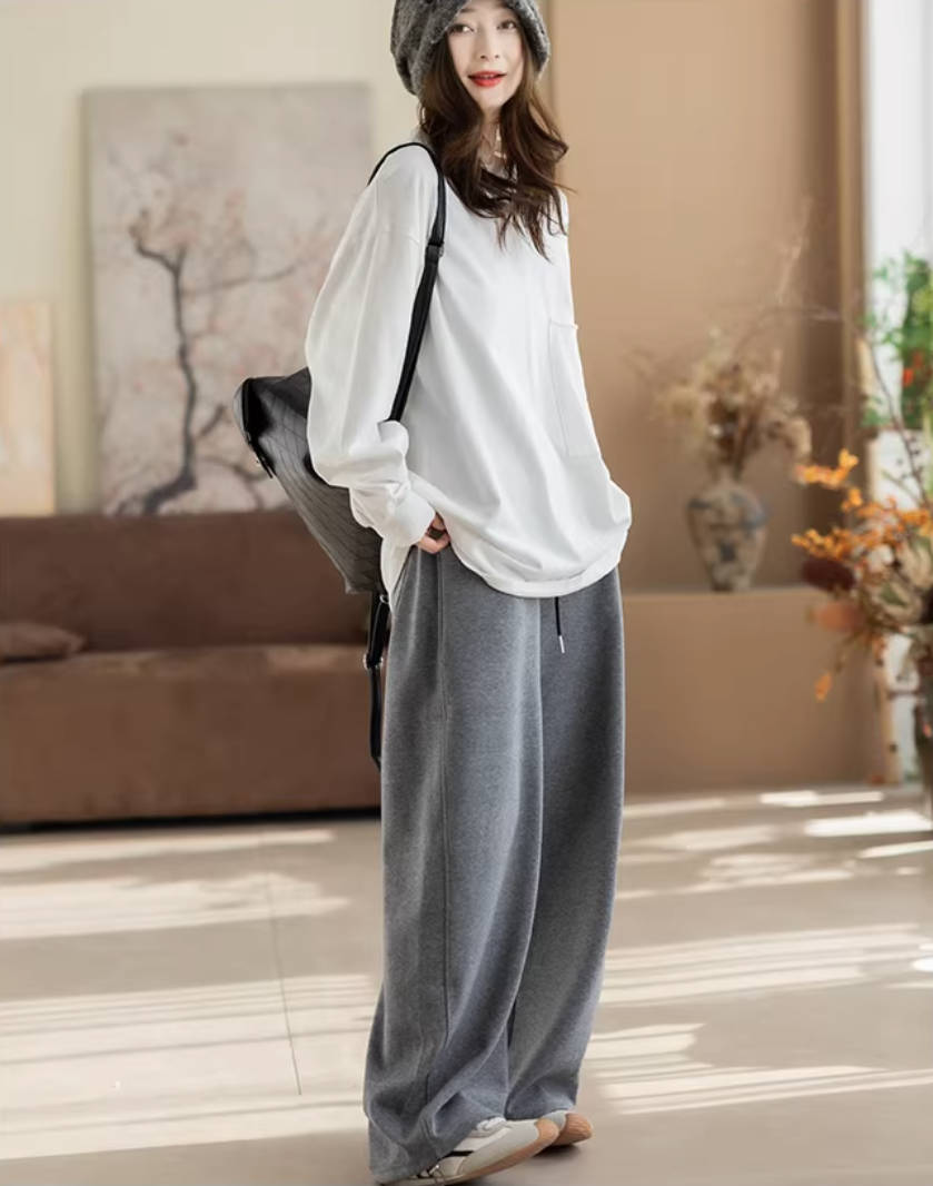 Casual Cotton Solid Color Round Neck Curling-Up Loose Tops